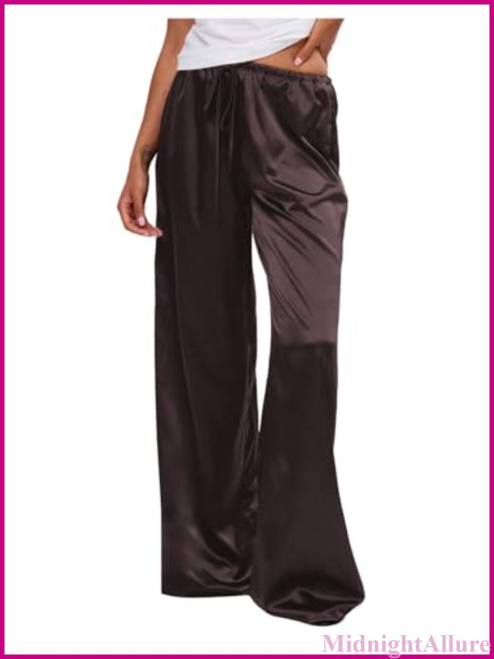 Silk Satin Wide Leg Pants Flowy Tie Front Elastic Waist - Picture 1 of 4
